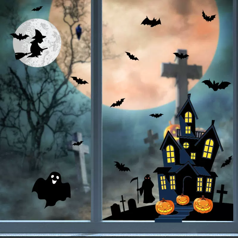 亚马逊跨境幽灵蝙蝠女巫窗贴Halloween玻璃贴万圣节装饰鬼屋贴纸