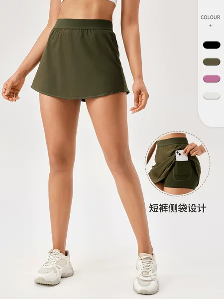 Women's Sports Skirt Fake Two-Piece Quick-Drying Breathable Fitness Running Tennis Skirt Pants Anti-Exposure Lined Yoga Skirt