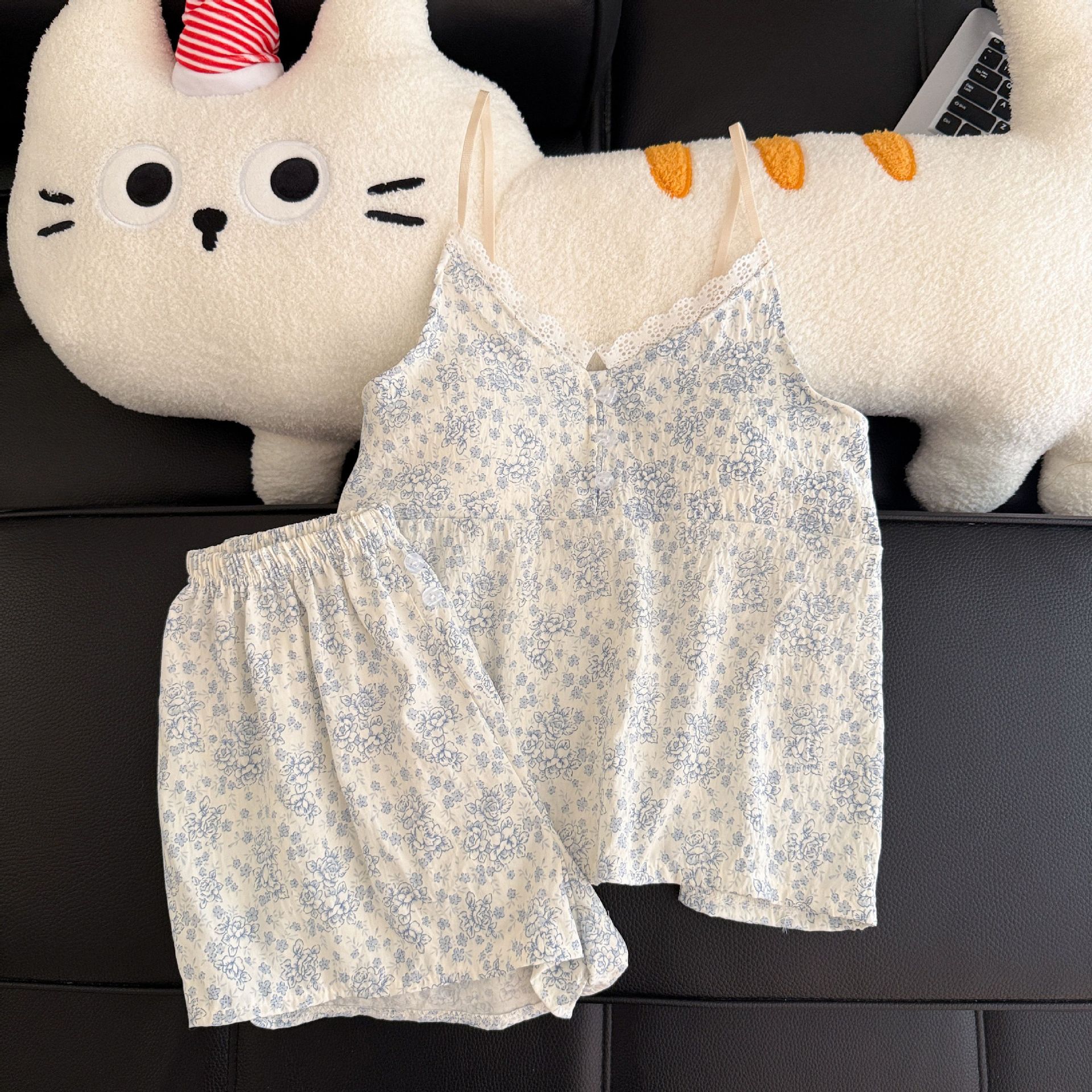 Pantalones cortos con cojín de pecho al por mayor transfronterizo pijamas de verano nuevo algodón nublado dulce conjunto de ropa de casa a cuadros