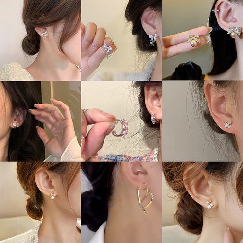 S925 Silver Needle Pearl Bow Micro-Inlaid Earrings Women's Fashion Niche Temperament High-end Features Popular Earrings