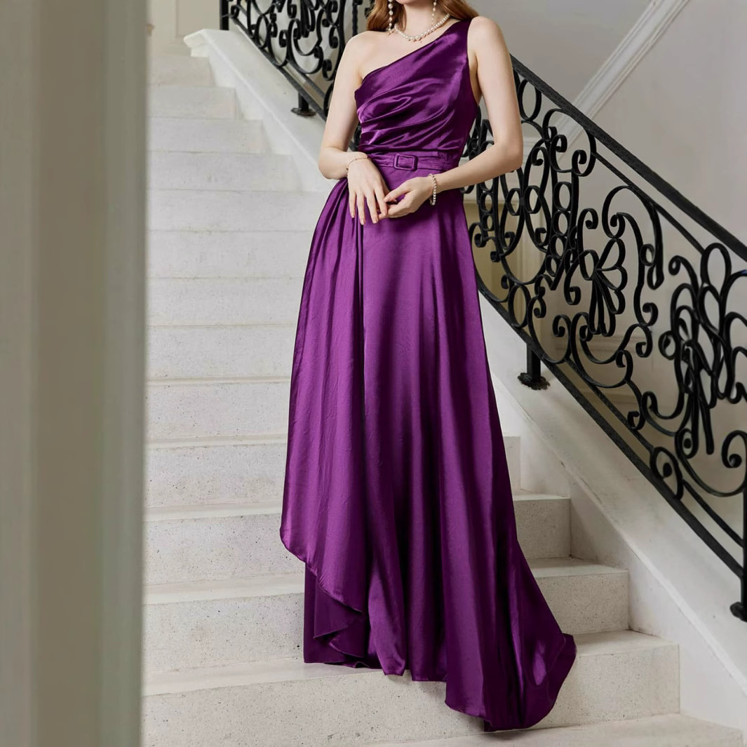 Cross-border Amazon European and American New Elegant Long Solid Color Shoulder Ball Banquet Slim Dress