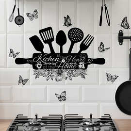 MS4406创意英文kitchen餐具蝴蝶花卉贴厨房餐厅装饰墙贴纸自粘贴