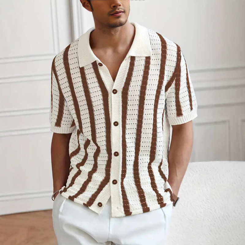 European and American Export Summer Cut Out Vertical Stripesd Lapel Knitwear Knitwear Short-Sleeved T-Shirt Men's Polo Shirt Men's Cardigan