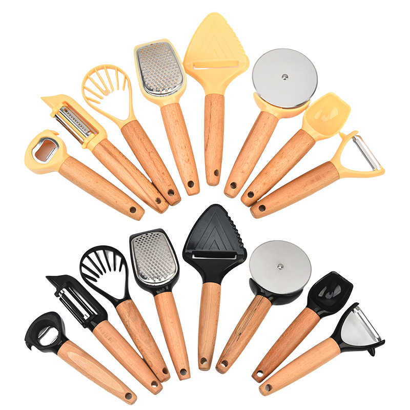 Mango de madera queso pala pizza cuchillo rodillo raspador cuchara de helado cuchillo de peeling sacos de cocina gadget set