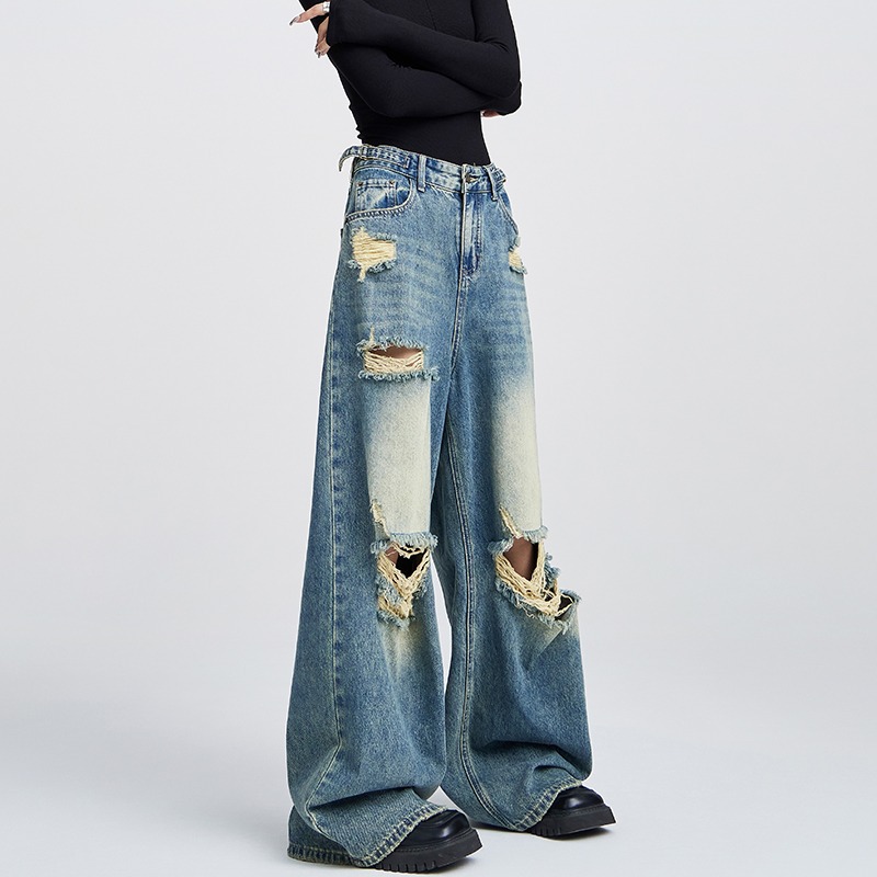 2024 ripped jeans for women in spring and autumn American high street retro floor pants loose wash straight wide-leg pants