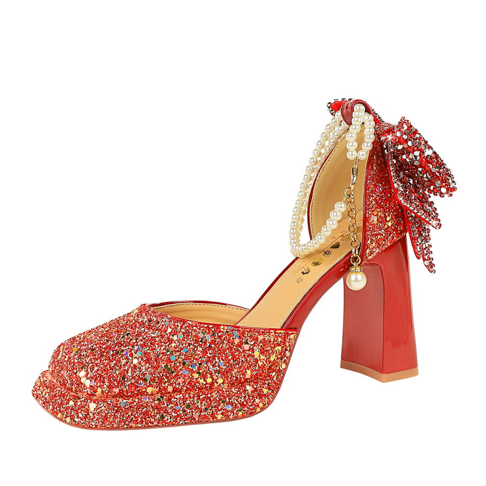 7723-H80TP lentejuelas cabeza cuadrada tacones altos tacón grueso plataforma impermeable lazo trasero perlas hebilla sandalias zapatos de boda