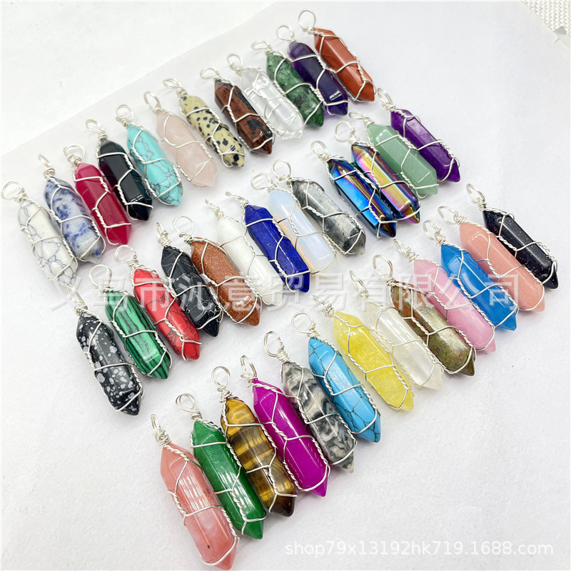 Comercio exterior caliente bobina hexagonal columna colgante collar de cristal natural hecho a mano de plata hilo bala joyería al por mayor