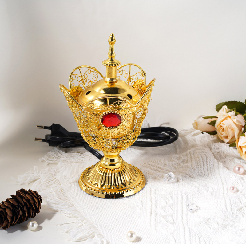 跨境新款金属插电香炉Metal incense burner阿拉伯镂空花瓣香炉|undefined
