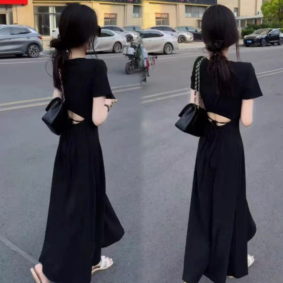 French Hepburn Design Short-sleeved dress Women's 2025 Summer New Tight Waist Slimming Elegant Long Skirt