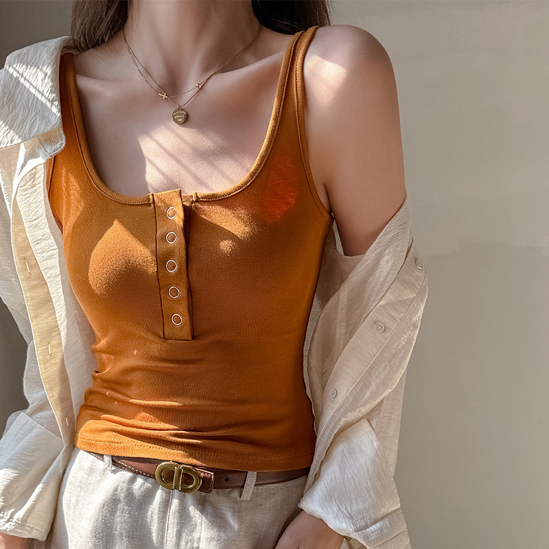 Modal Buttoned Camisole for Women, Summer Fashion, Simple Design, Square Neck, Sleeveless Outerwear Top