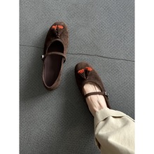 羊皮版~真皮复古绒面一字扣流苏玛丽珍鞋女百搭芭蕾平底浅口单鞋