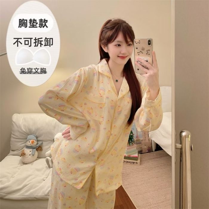 Al por mayor transfronterizo otoño nuevo pijama de nube de algodón con collar cardigan con cojín de pecho manga larga dulce conjunto de ropa de hogar