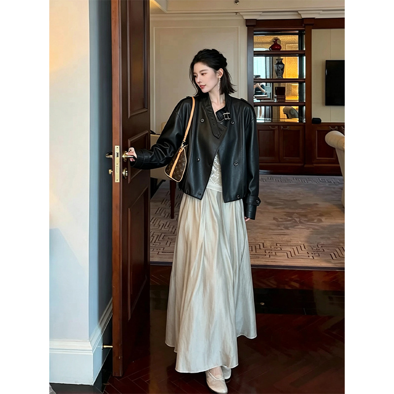 TikTok popular autumn and winter casual plus-size women's PU leather jacket, Korean style for plus-size women, casual style 25138