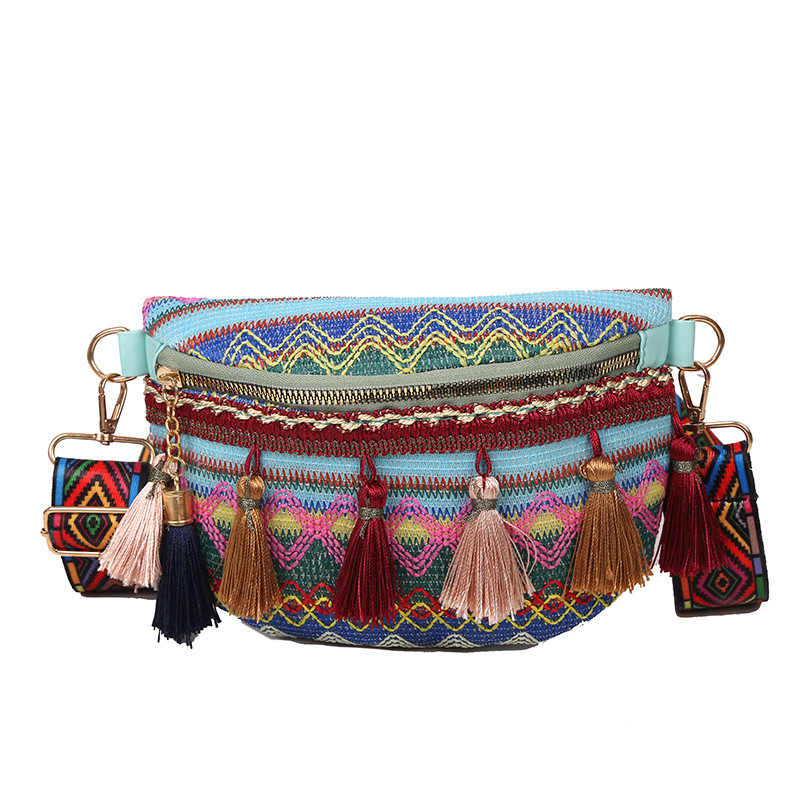 Venda quente pequeno peito perfumado tecido estilo étnico cor contrastante borla nova fita cintura bolsa crossbody tendência_voghion.com