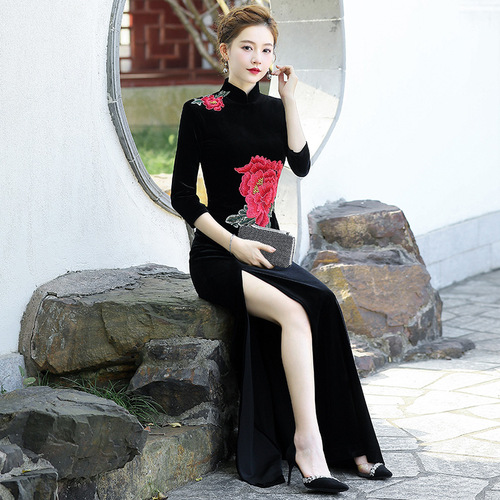 Black retro Velvet catwalk cheongsam high-slit model performance chinese Qipao dresses singer miss etiquette model show long dresses
