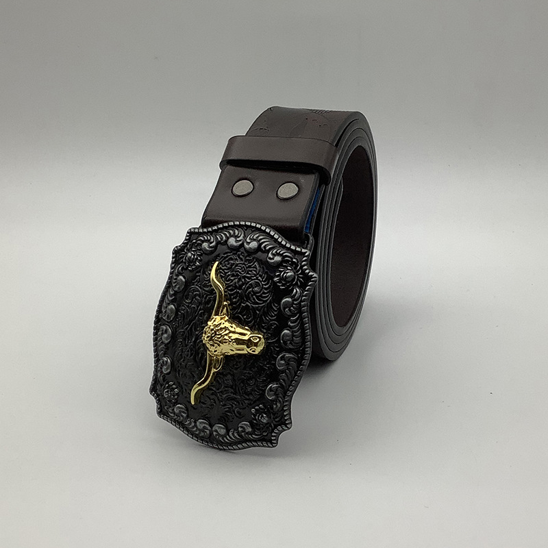 Nuevo cinturón de mezclilla occidental transfronterizo para hombres, hebilla de cabeza de toro impresa pesada, cinturón de cuero retro de moda al por mayor