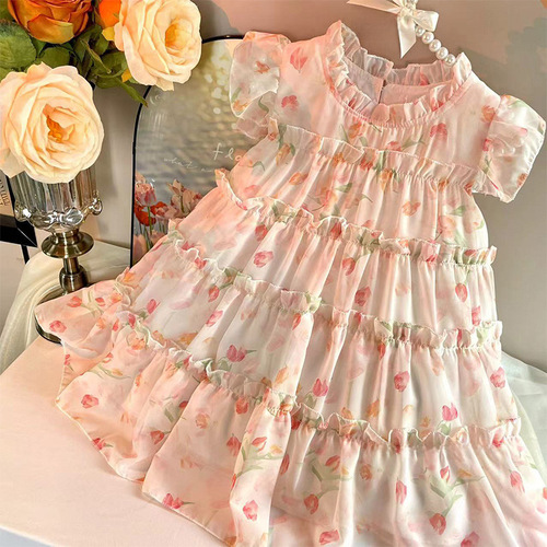 Little Girls' Dress 2024 Summer New Children's Fashion Floral Skirt for Pre-school Girls Baby Fairy Dress