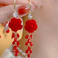 民族风长款植绒玫瑰花流苏耳钩耳环女夸张大款设计感国风喜庆耳坠