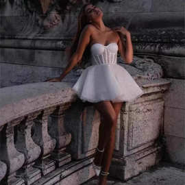 跨境抹胸晚礼服欧美新款生日宴会女装亚马逊新款无袖亮片连衣裙