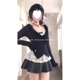 W3T纯欲甜辣套装女2025春秋新款毛毛拼接上衣内搭蕾丝打底衫百褶