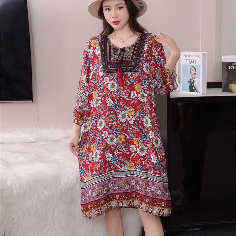 タイ風Aラインコットンワンピース、夏向け、クロスボーダーコットンシルクワンピース、アーティスティックレトロエスニック風婦人服