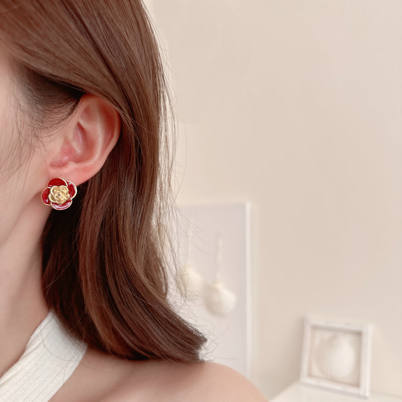 S925 Silver Needle Niche Premium Flower Earrings Ankola Red Camellia Stud Earrings_voghion.com