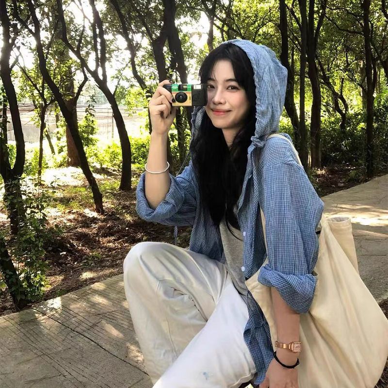 跨境韩系蓝色格子连帽防晒衬衫女秋季薄款宽松休闲慵懒风减龄上衣|undefined