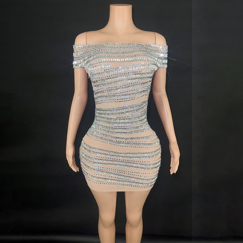 One-Shoulder Design Full Diamond Slim Dress Nightclub Disco Singer Performance Clothing Catwalk Banquet Party Dress