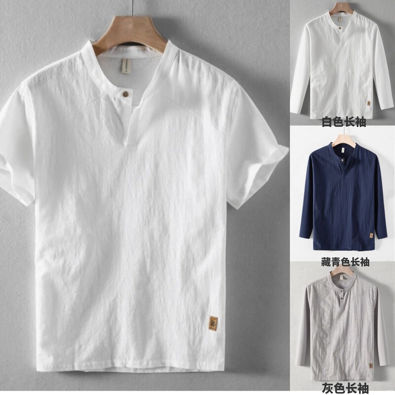 New Chinese-Style Summer Men's Linen Henley Collar Shirt, Lightweight and Breathable Casual Short-Sleeve Shirt, Available in Stock for Direct Supply