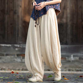 26春季棉麻女装文艺复古宽松砂洗拼接南瓜裤女小众禅意打坐灯笼裤
