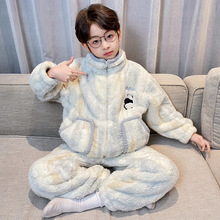 男童珊瑚绒睡衣冬季长袖保暖加厚加绒男孩青少年儿童法兰绒家居服