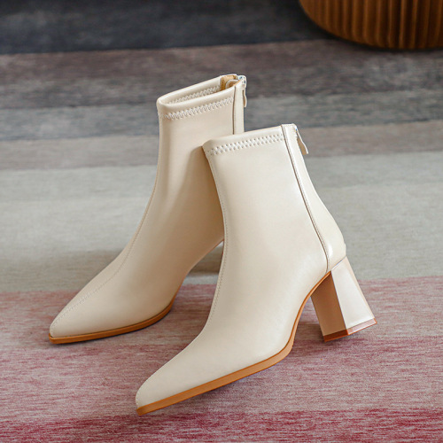Fuhao pointed toe short boots high heel women's leather boots  new winter women's shoes back zipper French bare boots simple