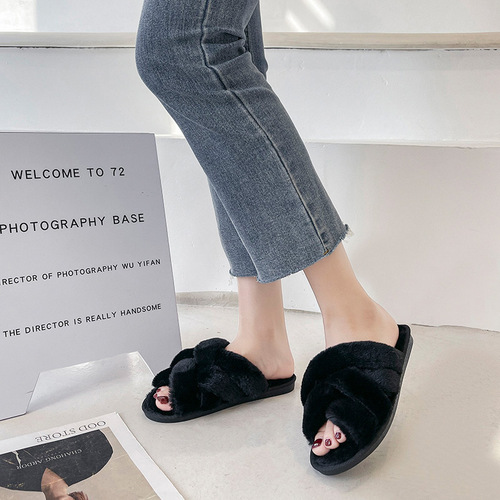 Mesh Cross Fur Slippers Women's Winter Foreign Trade Amazon Large Size Plush Flat Floor Slippers Open Toe Warm Cotton Slippers