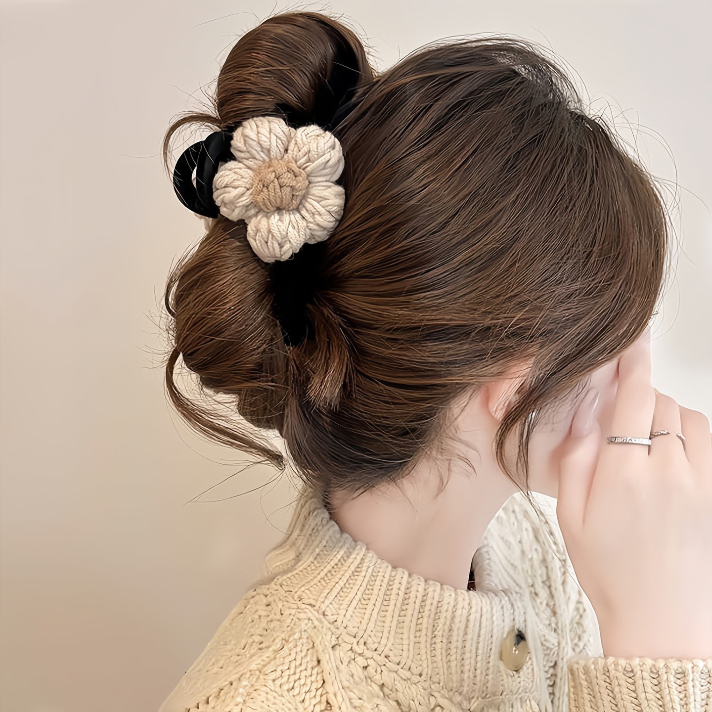 Khaki floral coffee brown flocked claw clip - 12.7cm