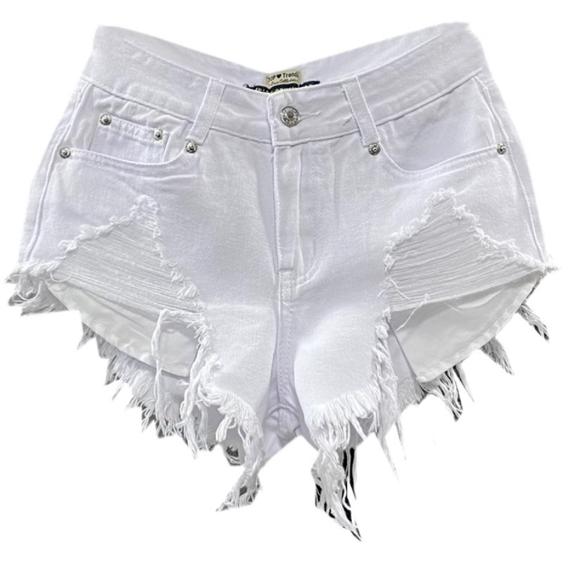 European and American Fashion Low-Waist Shorts Women's Raw Edge Pants 2025 New Summer White Jeans Ripped A-Line Hot Pants Trendy