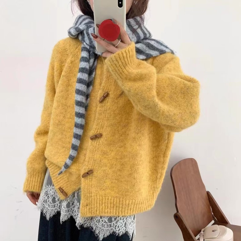 2025 Preppy Style Horn Button Soft Waxy Knitted Cardigan Women's Autumn and Winter New Korean Style Loose Lazy Style Sweater Jacket