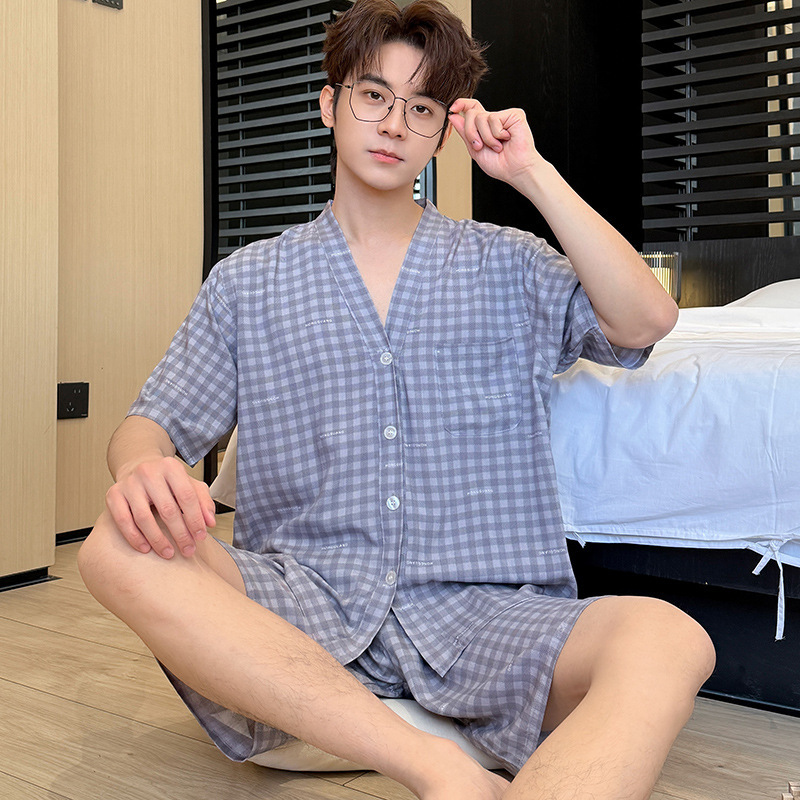 남성용 잠옷 봄 여름 얇은 반팔 중간 바지 루즈한 가디건 슈트 홈웨어 남성용 격자 무늬 잠옷