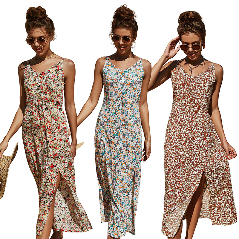 irregular split sling floral dress NSLM35133