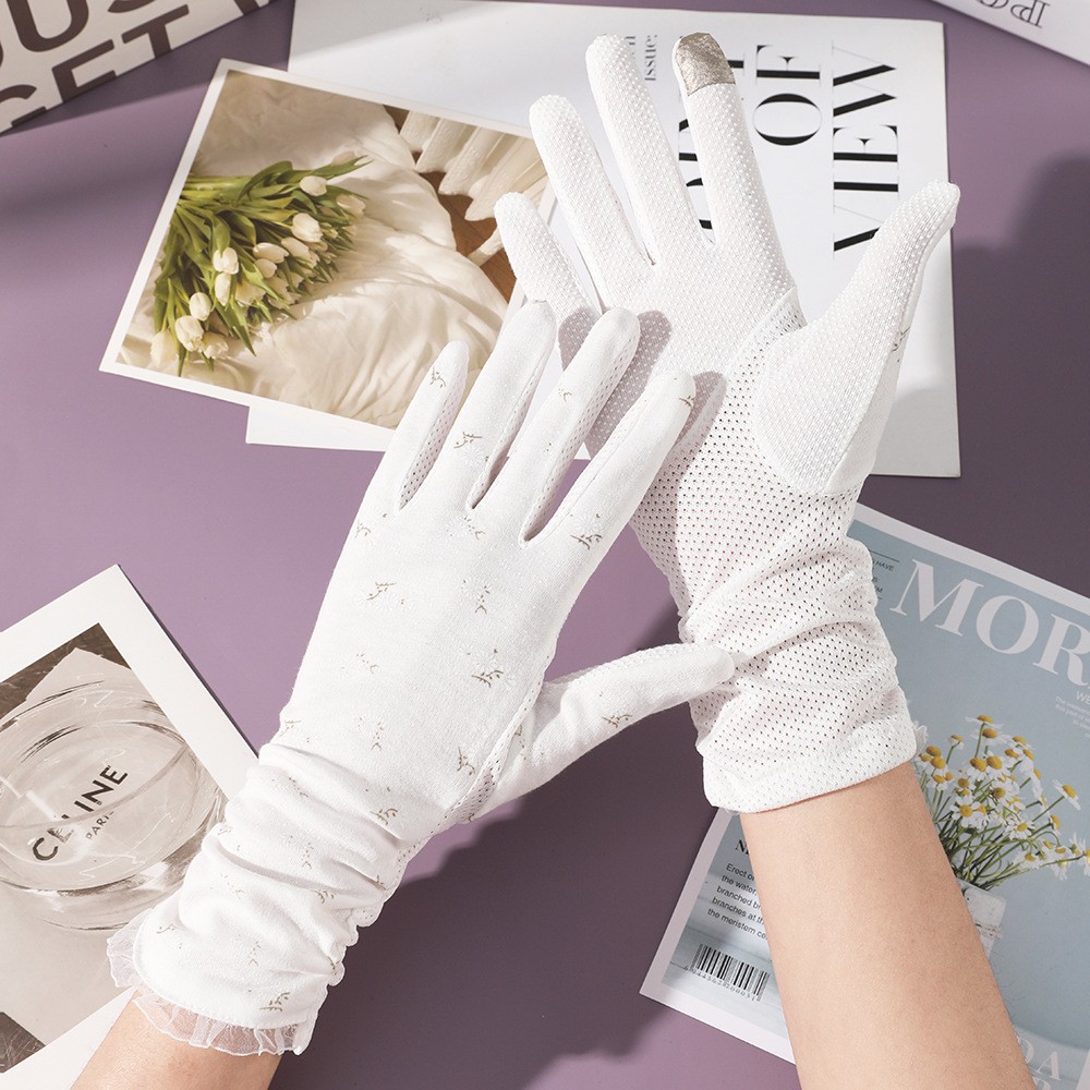 Guantes de protección solar para mujer en verano, protección UV, longitud extendida, hilo de algodón, para conducir y andar en bicicleta, pantalla táctil, antideslizantes, guantes finos de encaje