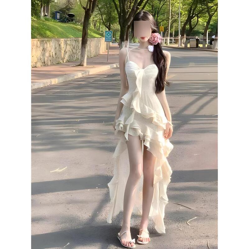 French Ruffled Irregular Suspender Dress Fairy Summer Temperament High-End Seaside Vacation Beach Long Dress