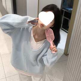 假两件女早秋季新款V领针织衫韩系毛衣慵懒风软糯上衣