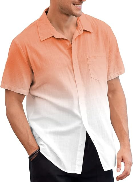 Men's Clothing Men's Gradient Short Sleeve Shirt Summer Casual Breathable Top Cotton Linen Texture For Formal & Casual_viptrois.com