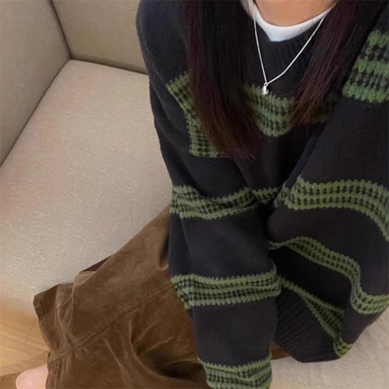 辣妹条纹毛衣女秋冬时尚新款宽松慵懒风软糯性感纯欲针织上衣ins