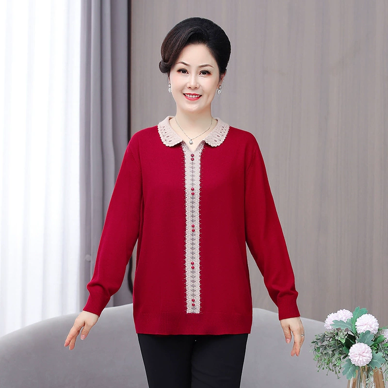 028 Свитер для людей среднего и пожилого возраста, больших размеров, шерстяной свитер из 100kg% шерсти для мам больших размеров.