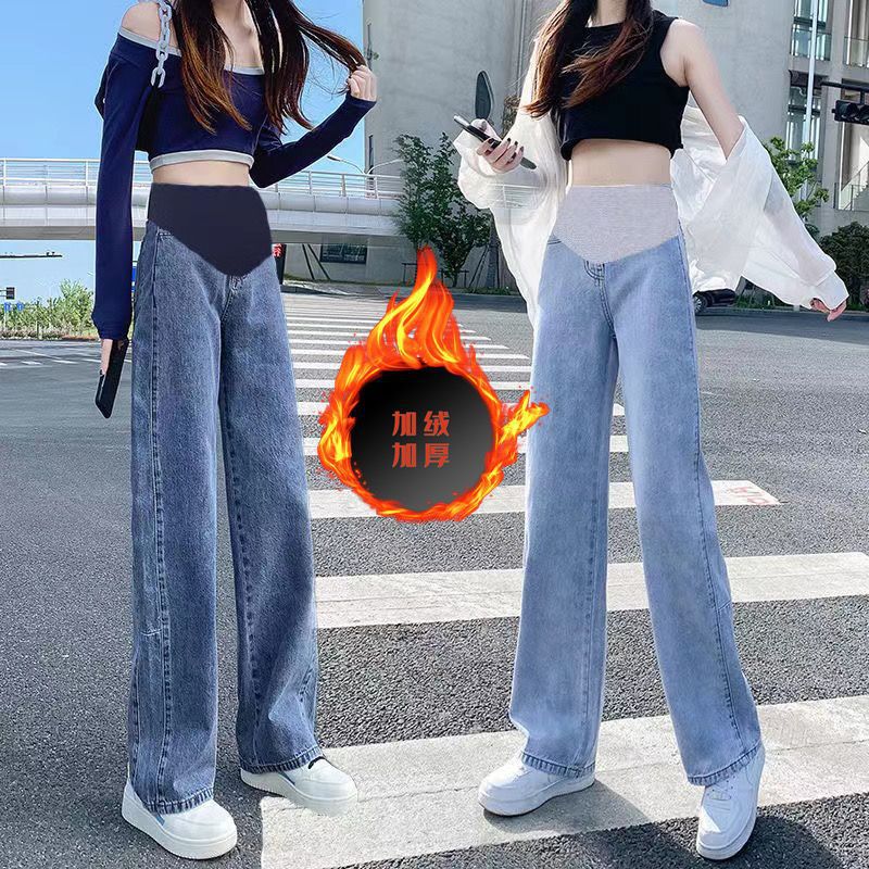 Maternity Pants Autumn Style Loose Straight-Leg Jeans with Fleece Thickened Plus Size Casual Wide-Leg Long Pants Winter Wear
