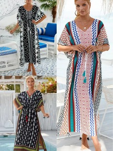 European and American New Style Rayon Positioning Print Beach Cover-Up Vacation Dress Long Skirt Sun Protection Shirt Bikini Cover-Up
