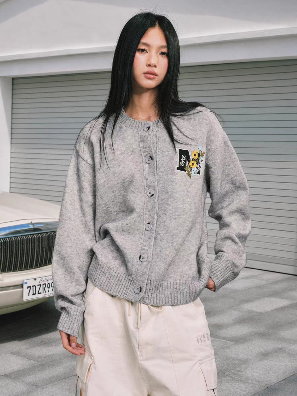 MEDM线条花卉刺绣简约开衫毛衣男女潮牌慵懒风情侣长袖针织衫外套|undefined