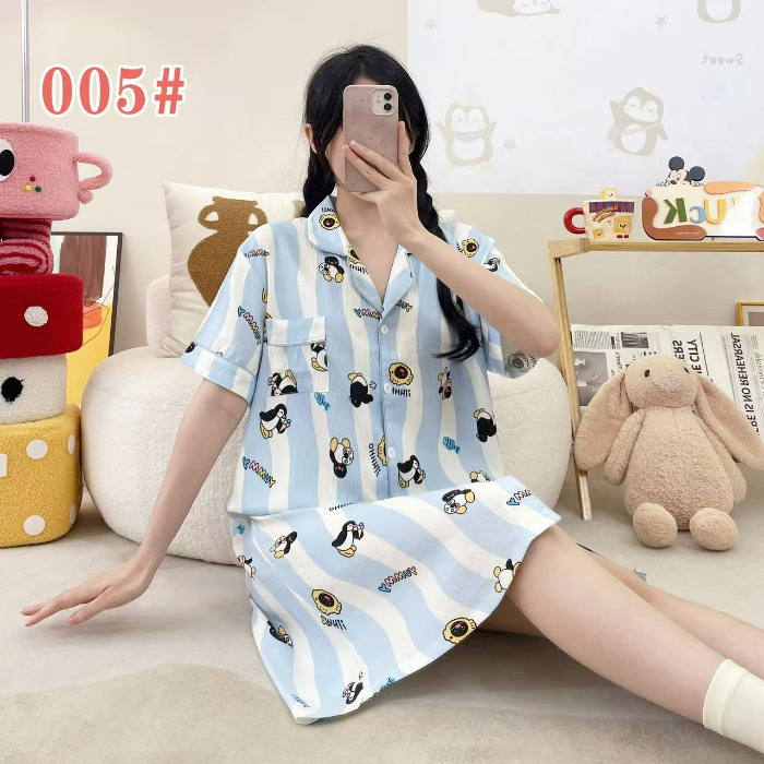 Pijama de verano de manga corta cardigan con solapa impresión de dibujos animados nubes de algodón dulce suelto medio largo vestido transfronterizo