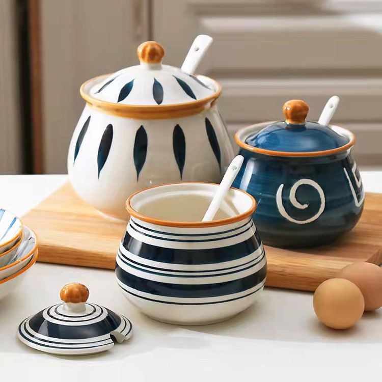 Cocina de estilo japonés de cerámica resistente a altas temperaturas gran tanque de aceite de cerdo con tapa hogar sal y azúcar tarro condimento botella tarro