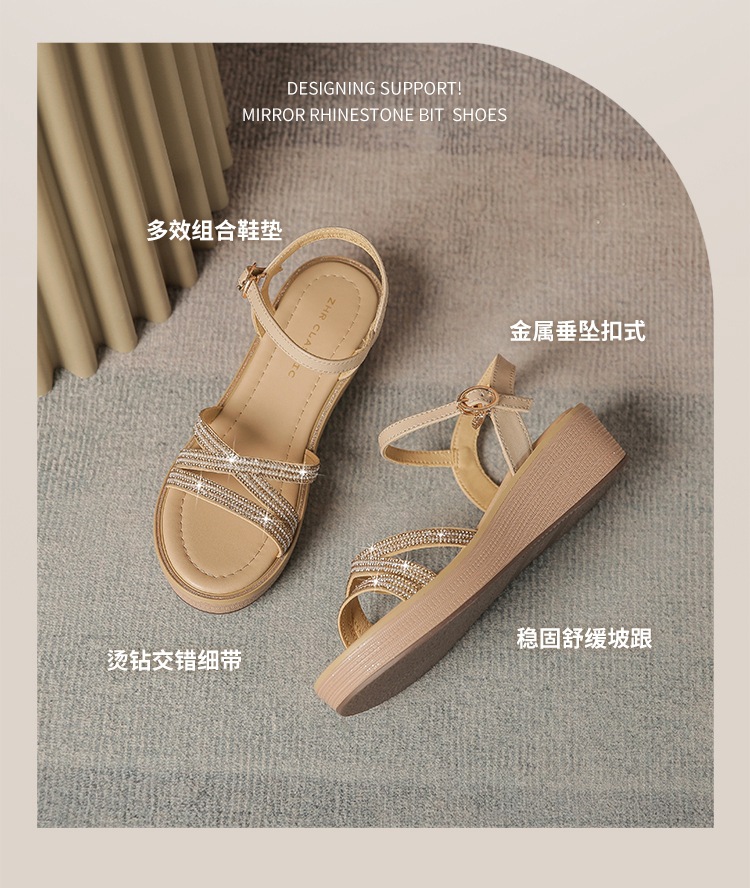Sandal cao gót nữ đính đá phong cách La Mã, đế xuồng thoải mái — AY161 Trắng be chi tiết 5